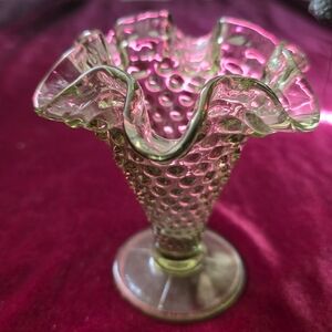 Fenton Green and Pink Hobnail Vase